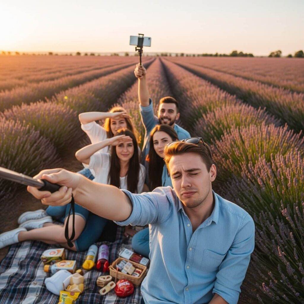 Selfie fail in a lavender field at sunset.