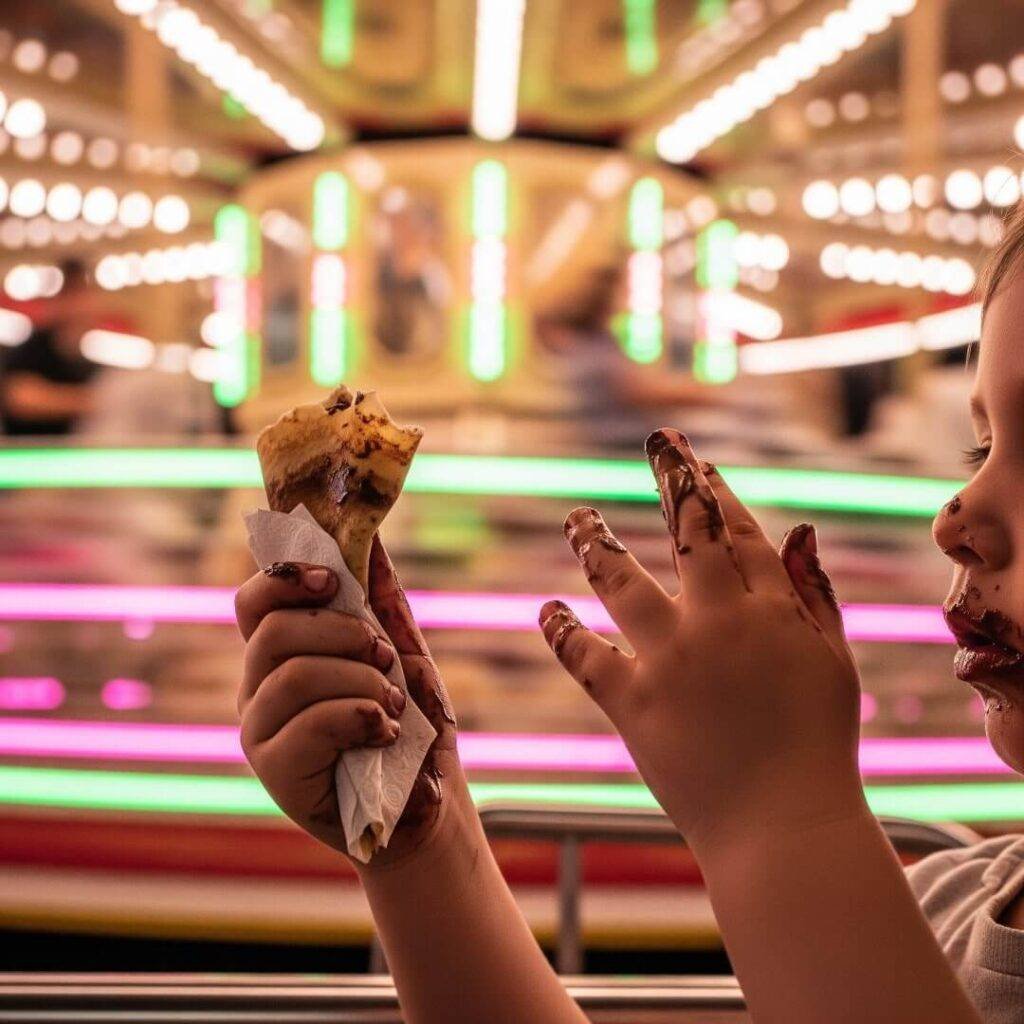 Child's hands covered in Nutella, holding a crepe.