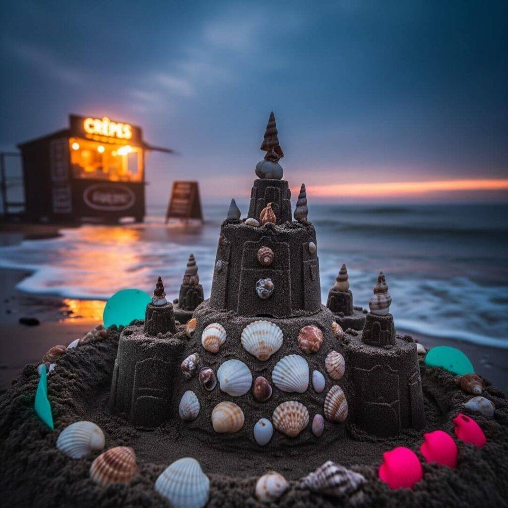 Sandcastle with shells on a beach at dusk.