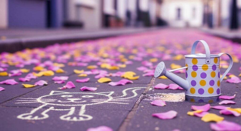 Slightly blurred photorealistic image: rose petals, chalk cat, watering can.