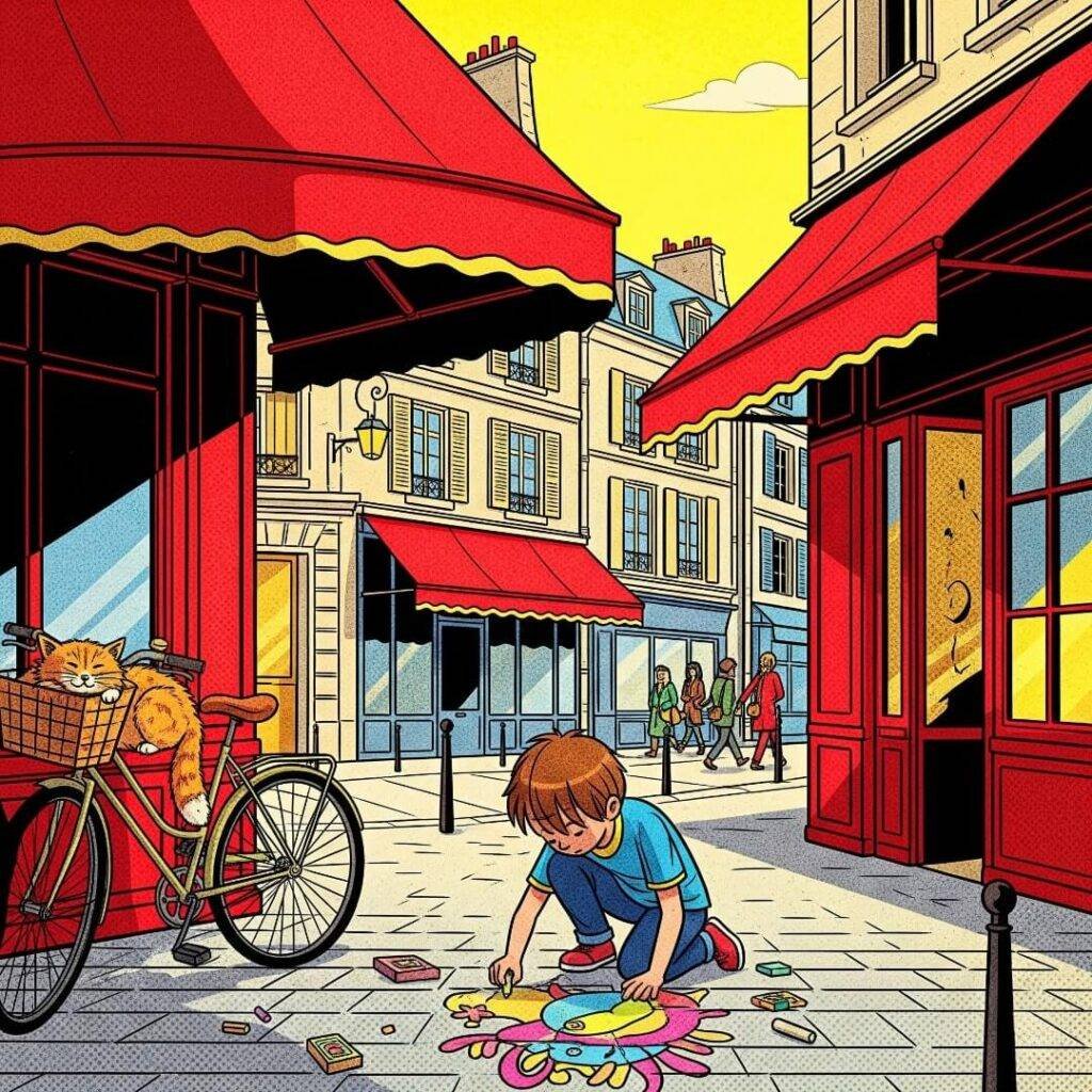 A comic-book-style drawing of a child, a cat, and cafe awnings.