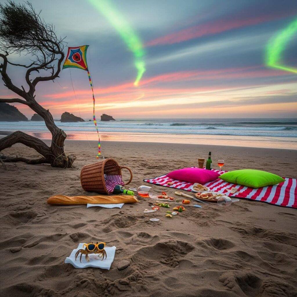 Photorealistic beach picnic with crumbs and a crab in sunglasses.