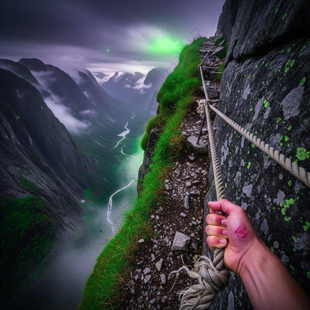A first-person view of a hand gripping a rope on a cliffside.