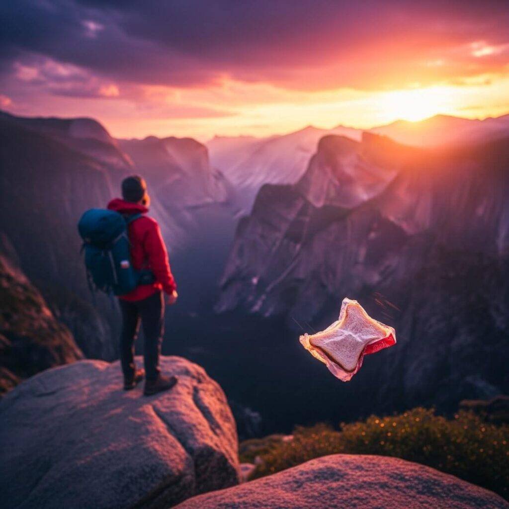 Slightly blurry photo of hiker on a rock overlooking a valley.