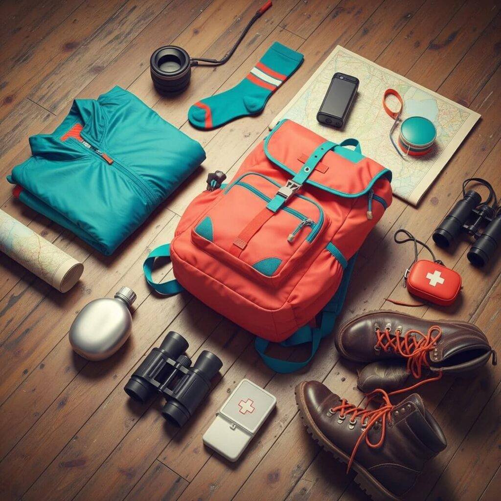 Hiking gear, including a lone sock, spread on a floor.