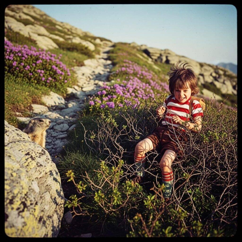 A retro image of a child tangled in a bush with a marmot nearby.