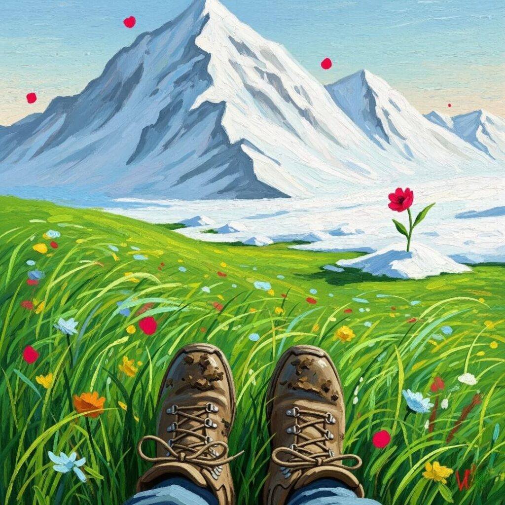 Impressionistic meadow and snowy peak, muddy boots, flower through snow.