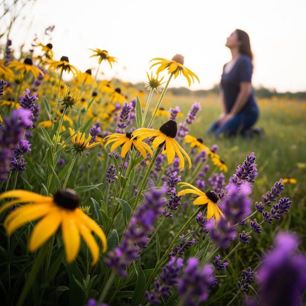 Close-up of yellow and purple wildflowers with a blurred person in the background.