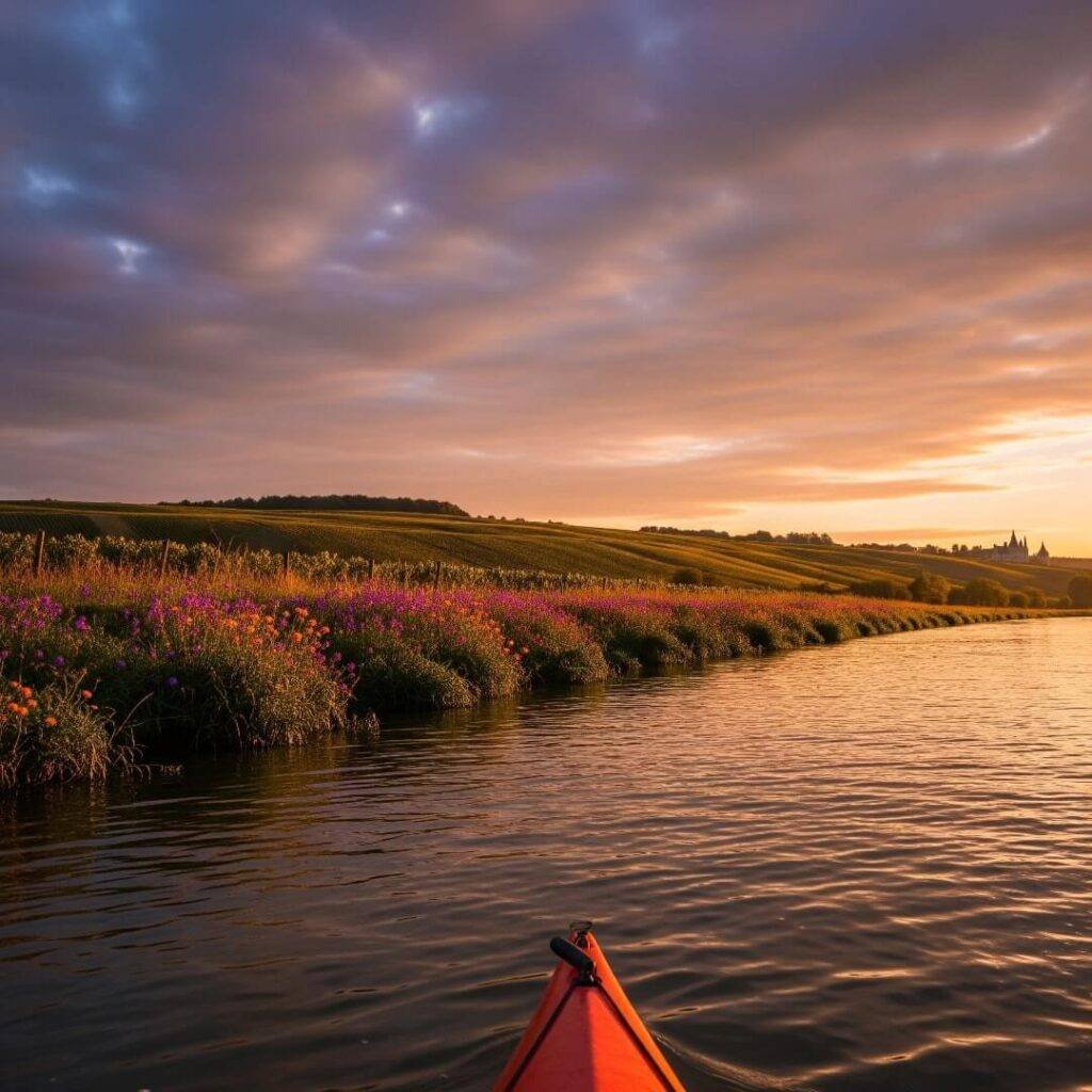Wide shot of Loire river with wildflowers and vineyards at sunset.