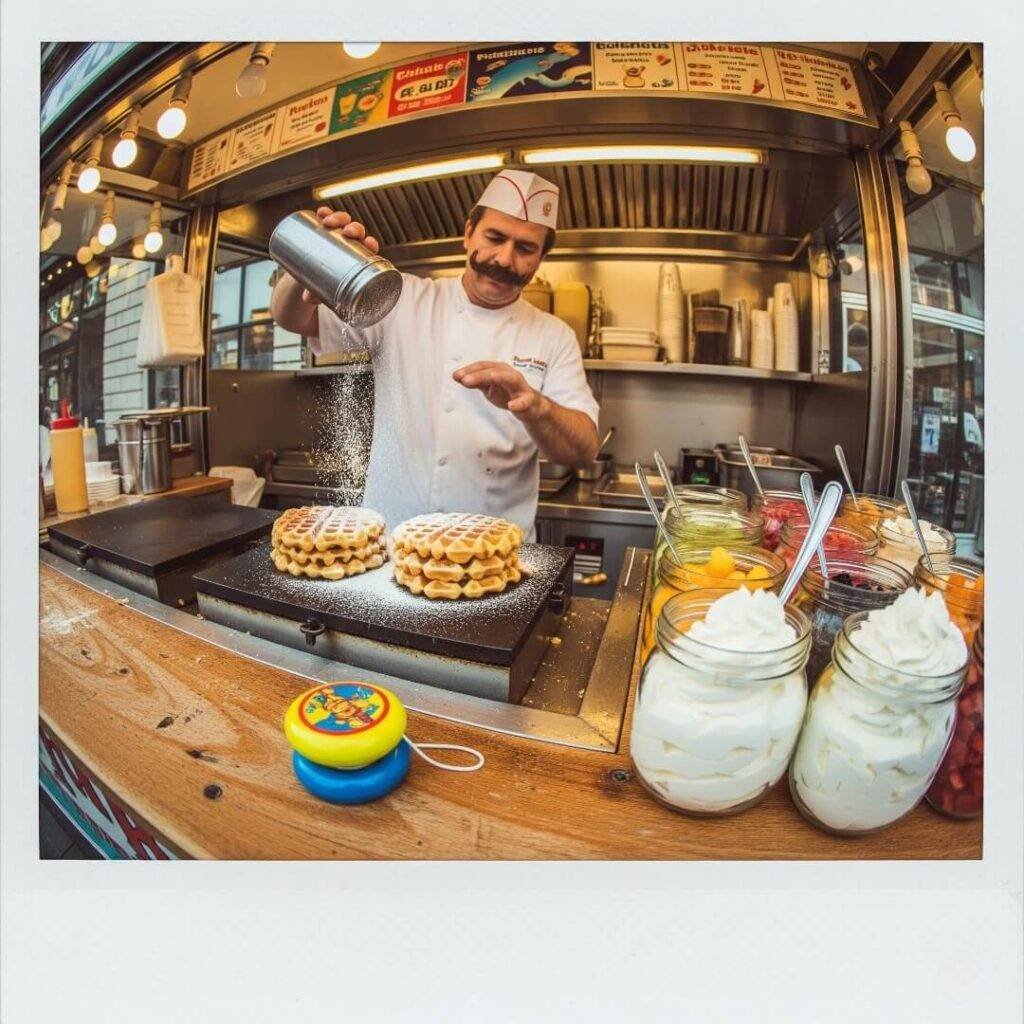 A vendor sprinkles sugar on waffles.