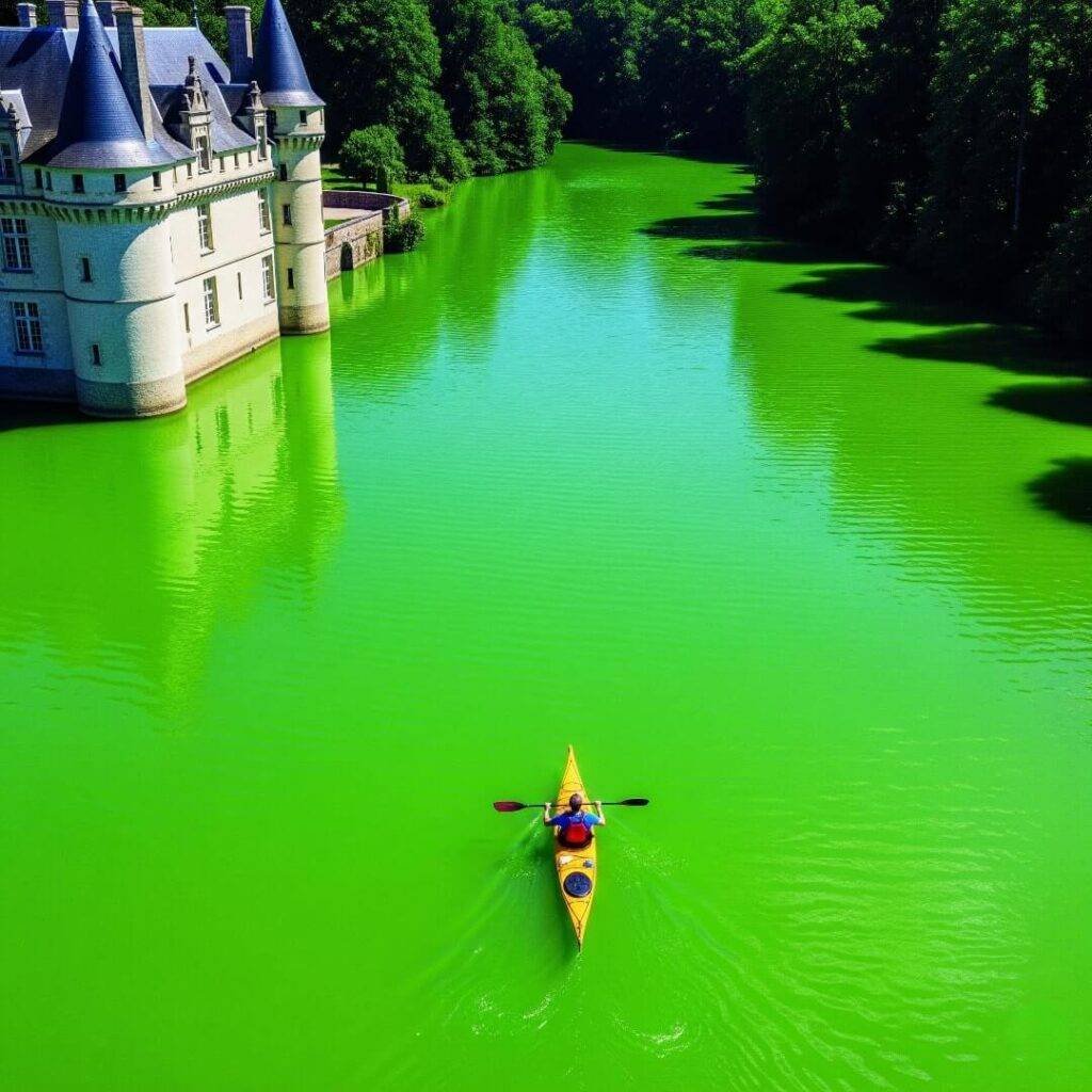 A quirky overhead drone shot of a kayaker near a château.