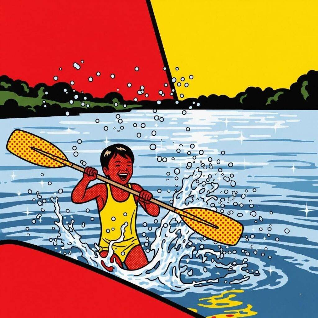 A pop-art style painting of a child splashing water with a paddle.
