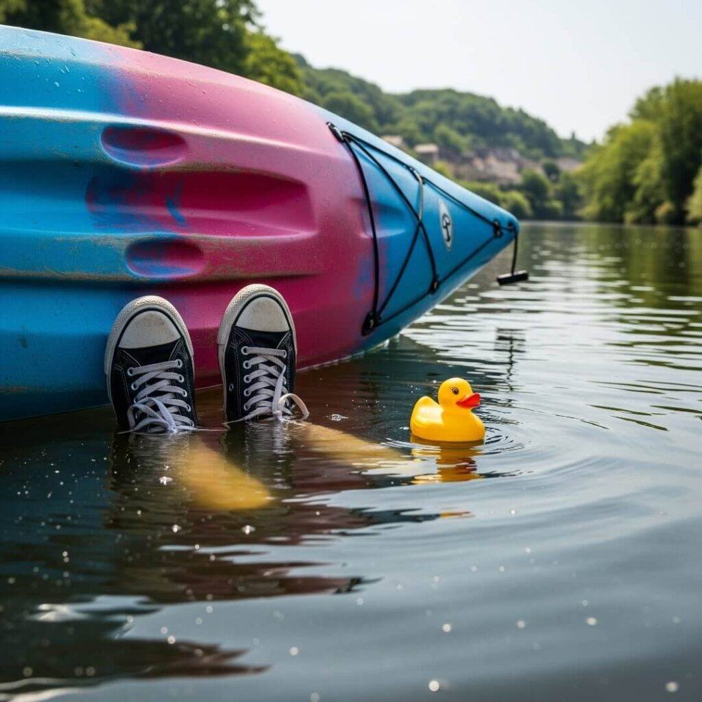 Flipped kayak in the Dordogne, with sneakers and a rubber duck nearby.