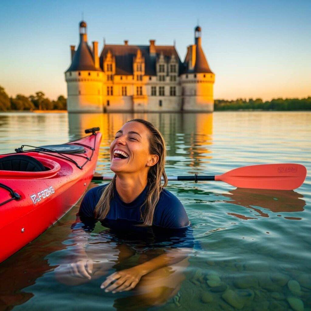 Laughing person next to a flipped kayak with a chateau in the background.