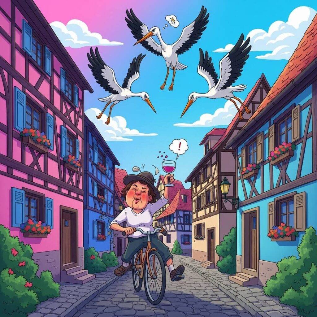 Cartoonish Alsace village scene: a person wobbling on a bike after too much Riesling, with storks flying above.