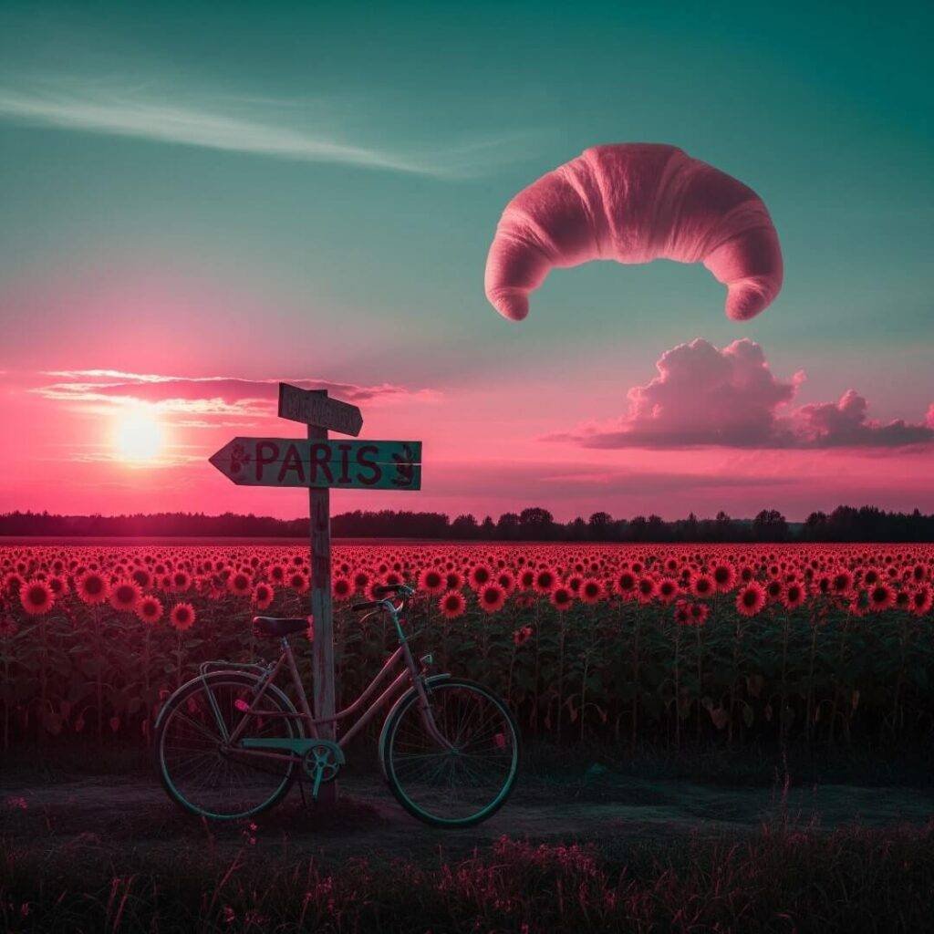 Bike in a sunflower field at sunset, with a Paris sign and a croissant cloud.