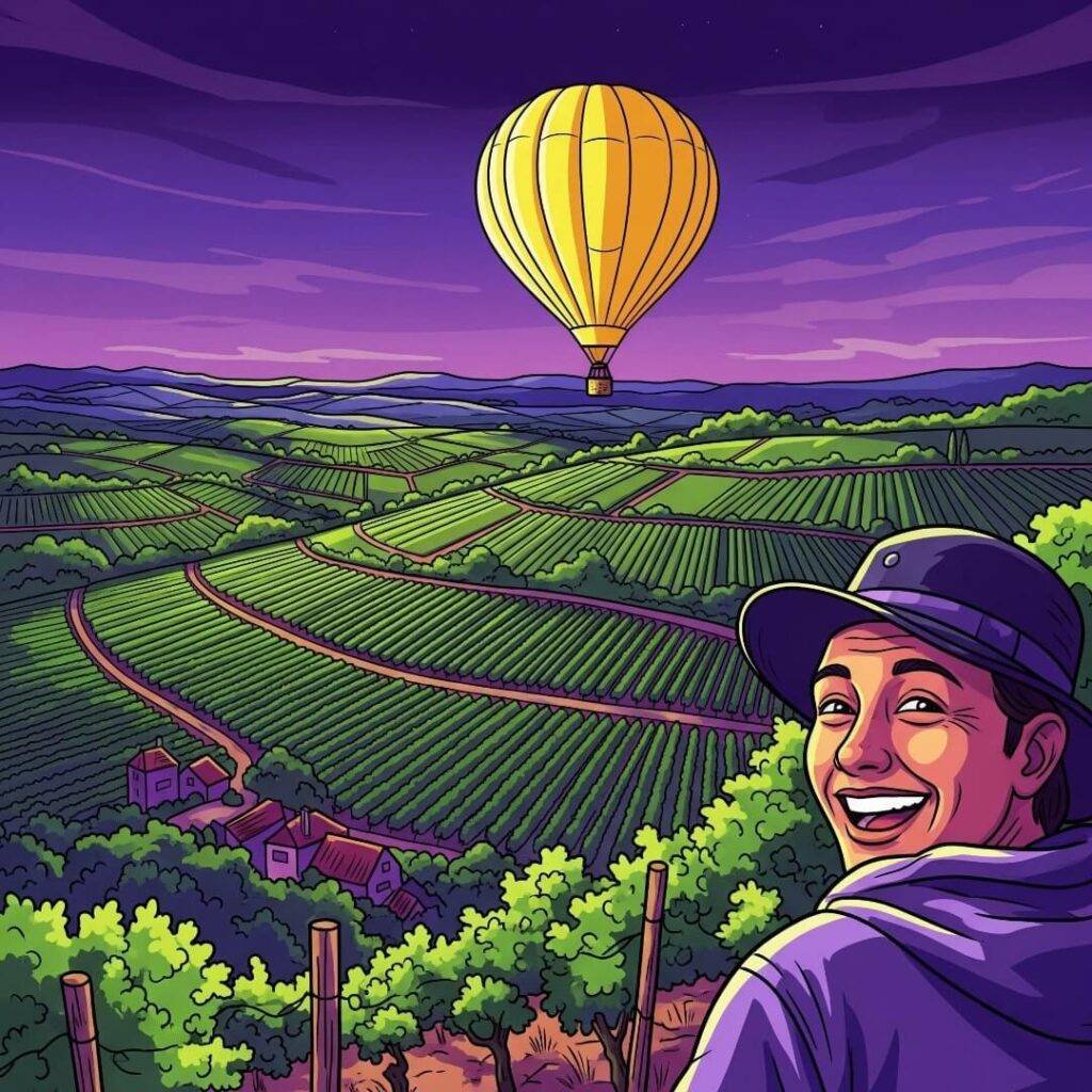 A bold digital painting of a smiling person on a hill with a vineyard.