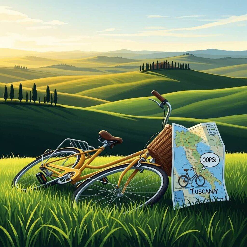 A wonky-angled shot of a bike tipped over in the grass on a Tuscan hill.