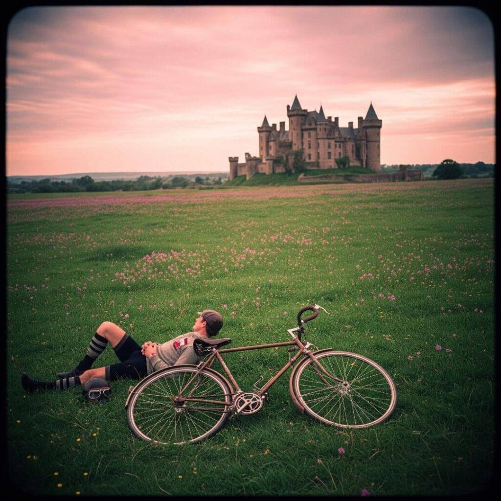 Retro photo: cyclist resting in a meadow with a castle in the distance.