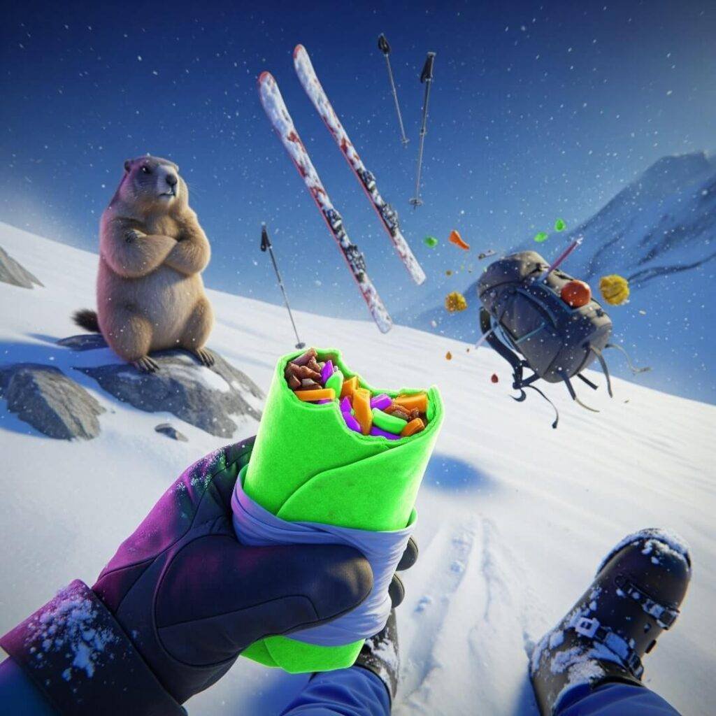 A first-person view of a skier falling on a slope, with a marmot watching.