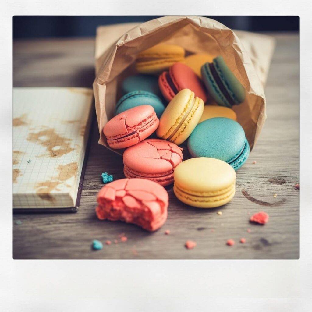 A messy pile of macarons spilling from a bag.