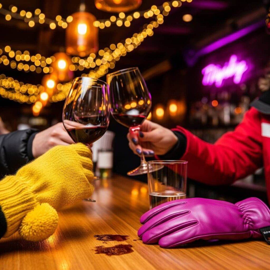 A blurry image of clinking wine glasses, a wine stain, and a mismatched glove.