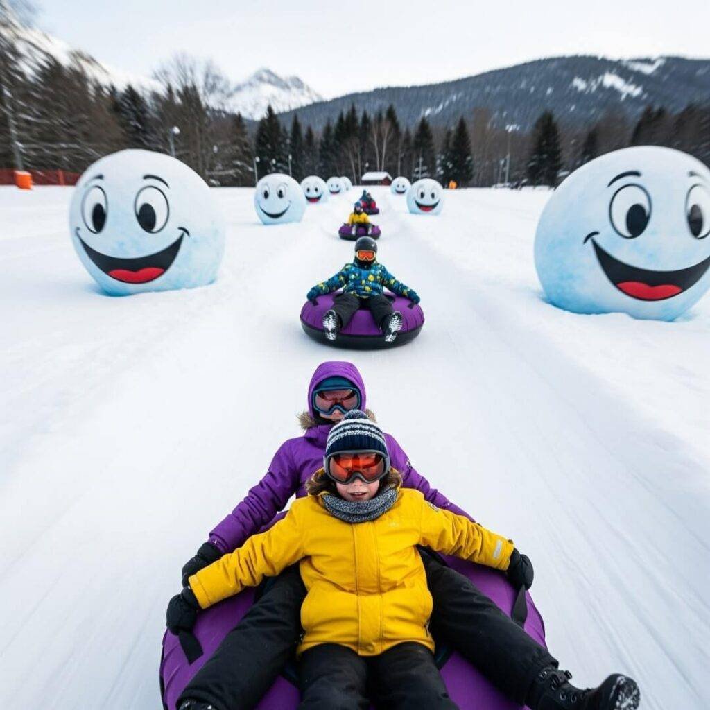 A photograph of kids tubing down a snowy hill with large smiley snowballs.