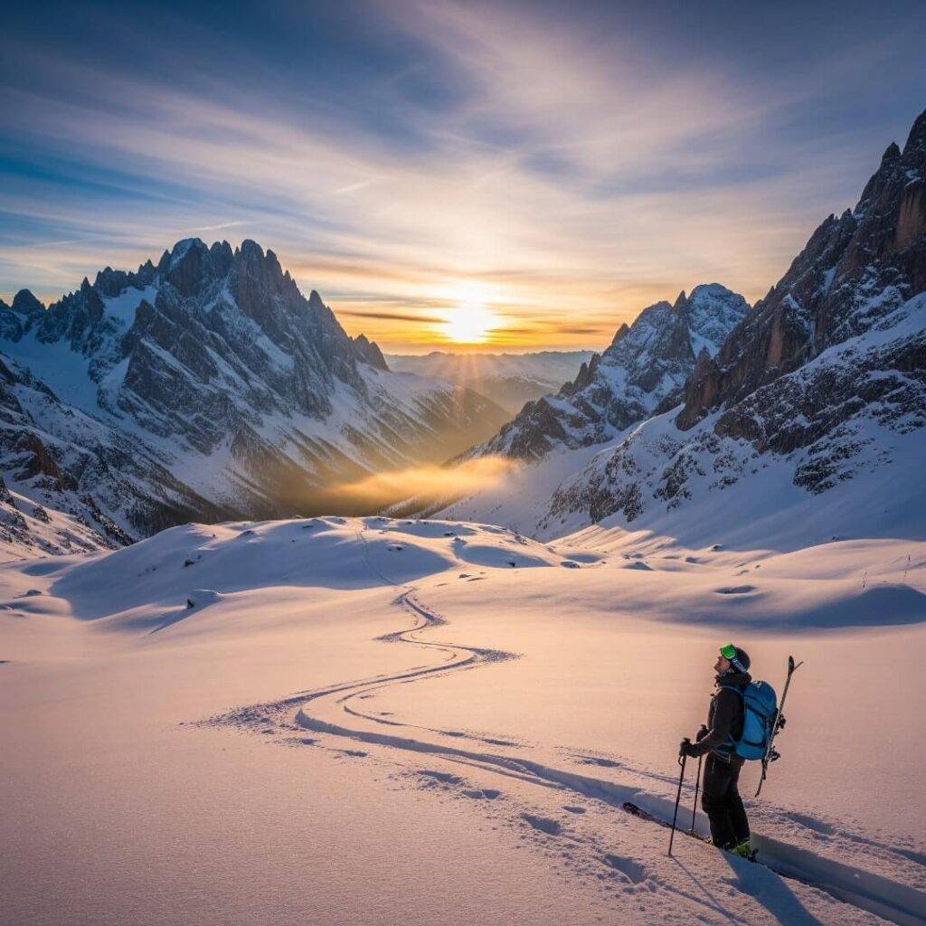A photo of a single ski track winding through a snowy mountain landscape at sunrise.