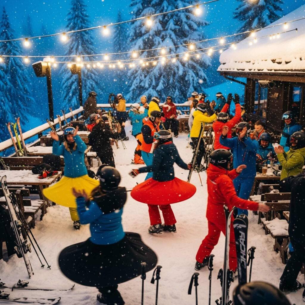 Skiers dance under fairy lights on a snowy terrace with joyful energy.