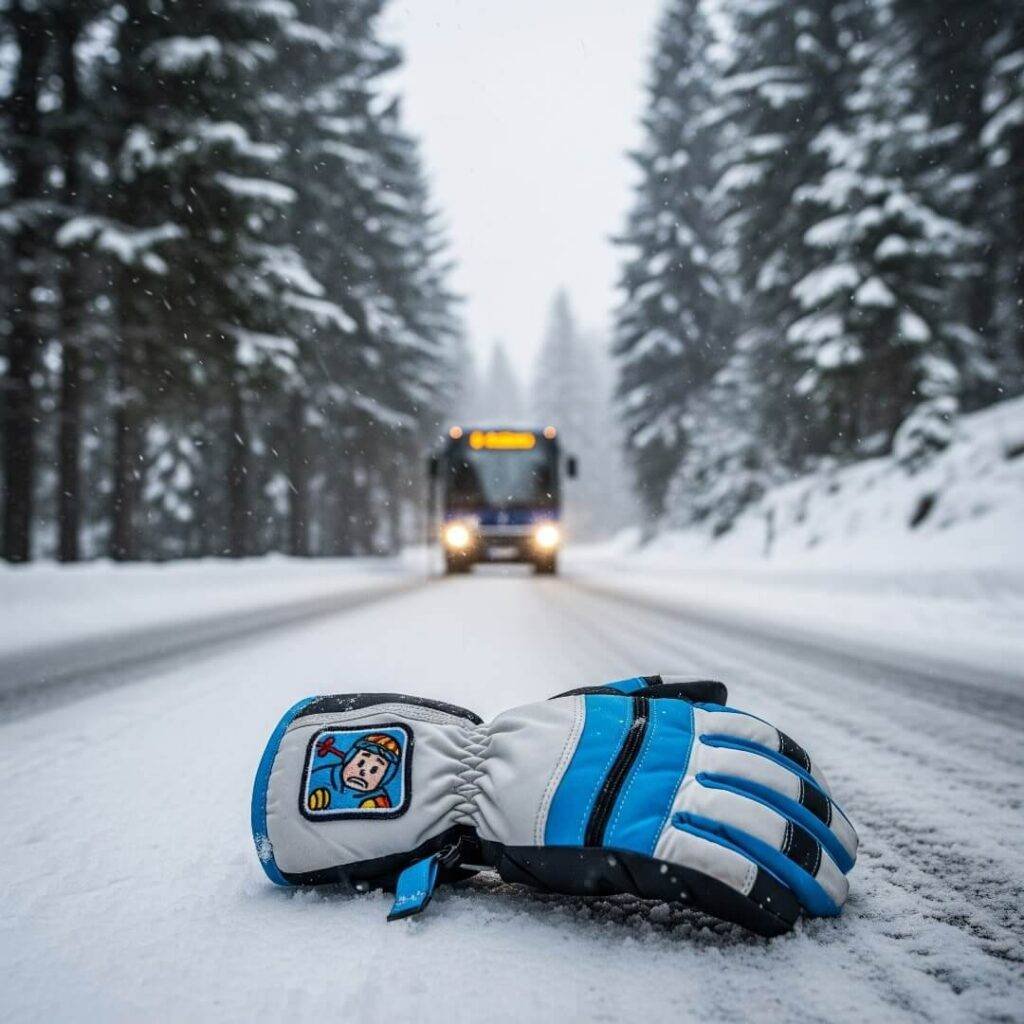 An abandoned ski glove with electric blue accents lies on a snowy Alpine road.