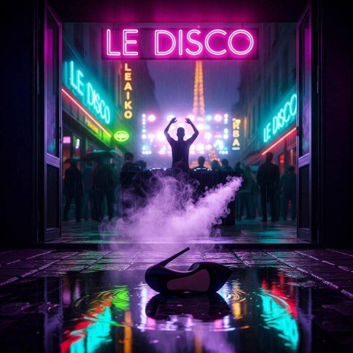 Neon Parisian street scene with a high heel in a puddle.