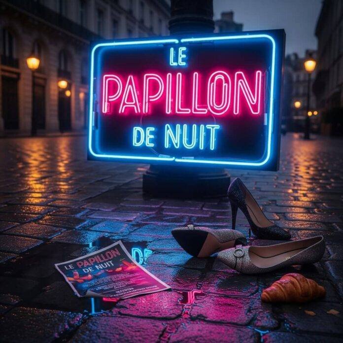 Neon sign, flyer in puddle, and a croissant.