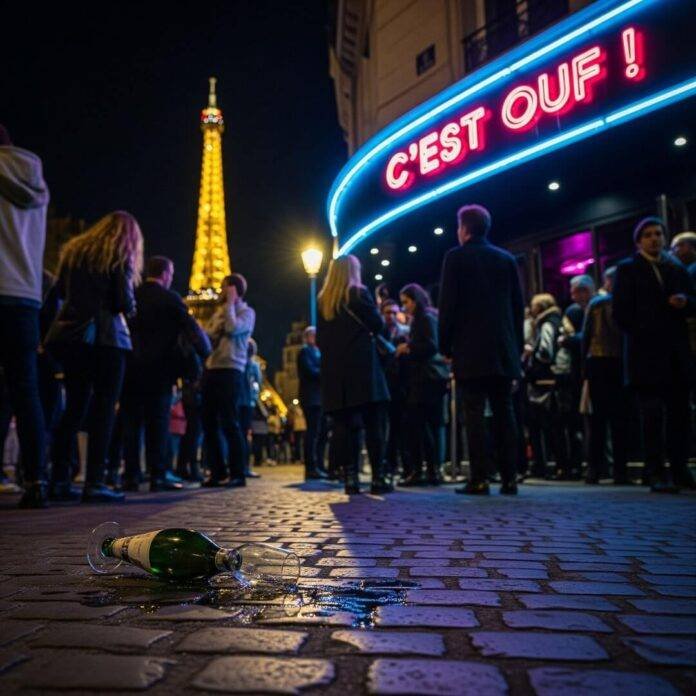 Crowded Parisian club entrance with spilled champagne and Eiffel Tower.