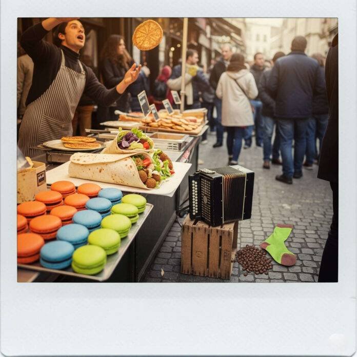 A vendor tossing a galette at a market stall.