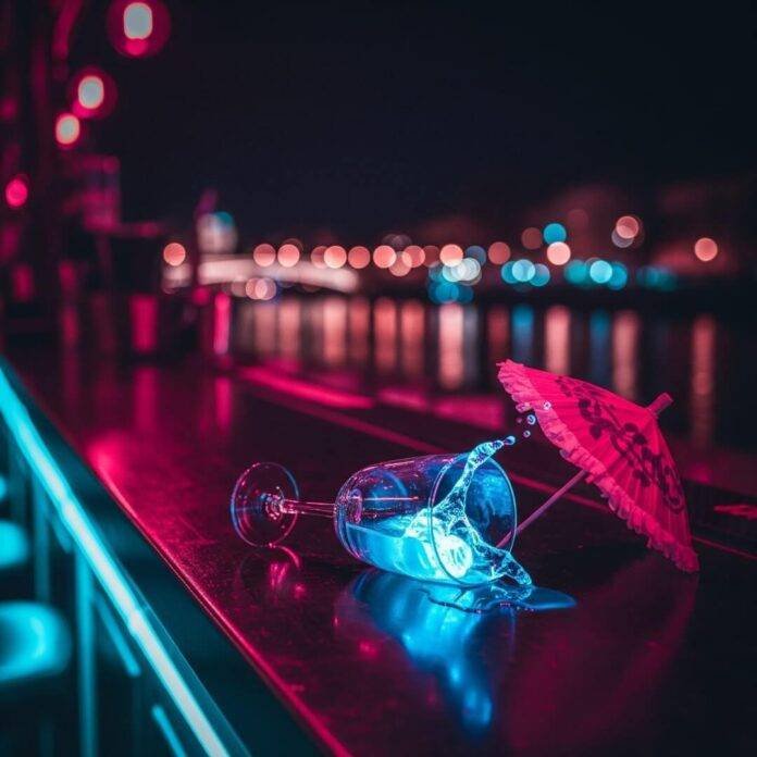 Neon-lit bar, spilled drink, oversized umbrella, blurred river background.