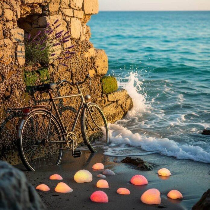 Bicycle, glowing shells, stone wall by turquoise sea.
