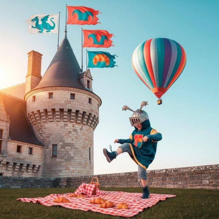 Castle turret, knight kid tripping, picnic, hot air balloon.