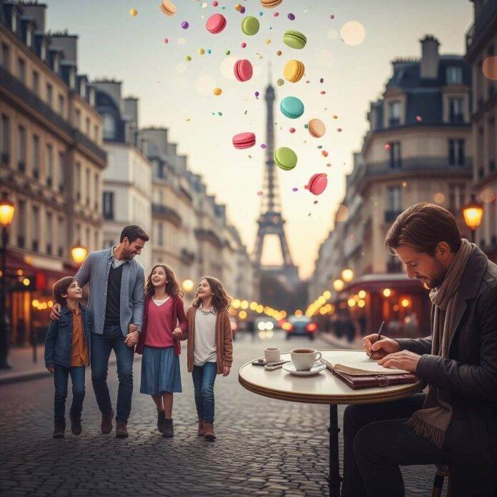 Paris street with Eiffel Tower and floating macarons.