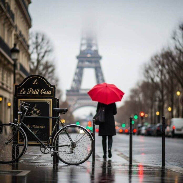 Red umbrella, Eiffel Tower, bicycle, rainy Paris street.