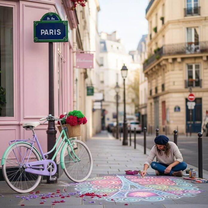 Paris street with bike, artist, and pastel cafe.