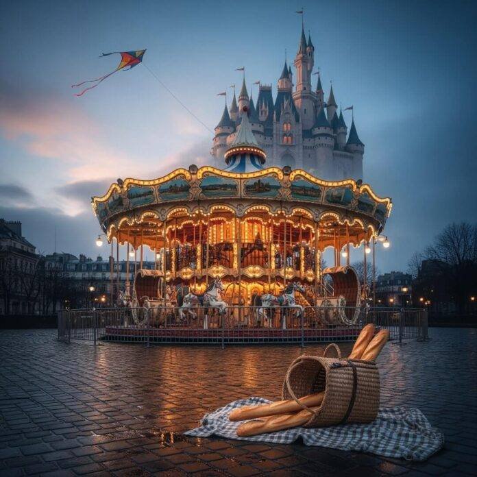 Parisian carousel at dusk with picnic basket and castle.