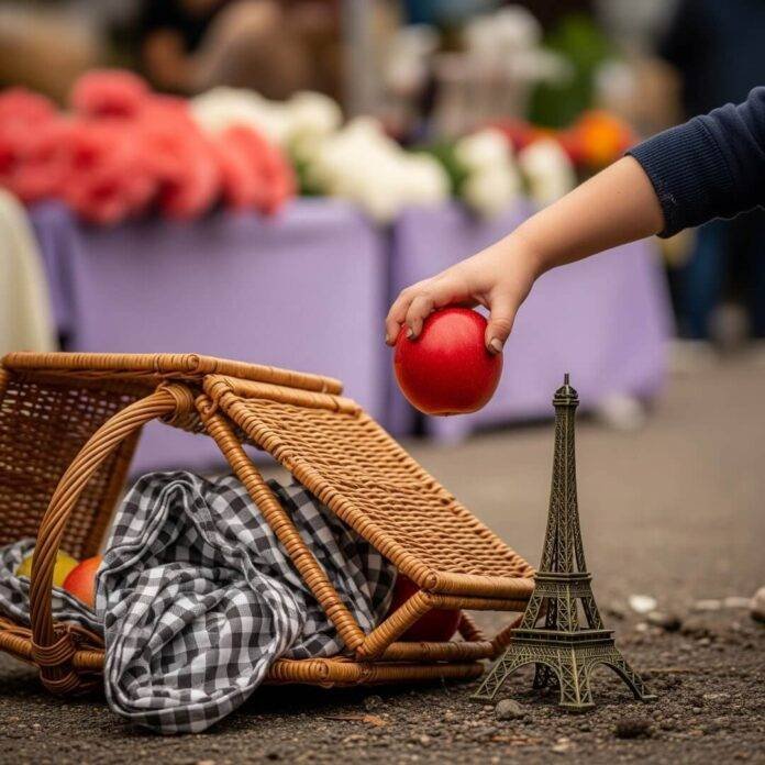 Child's hand reaching for apple, picnic basket, Eiffel Tower.