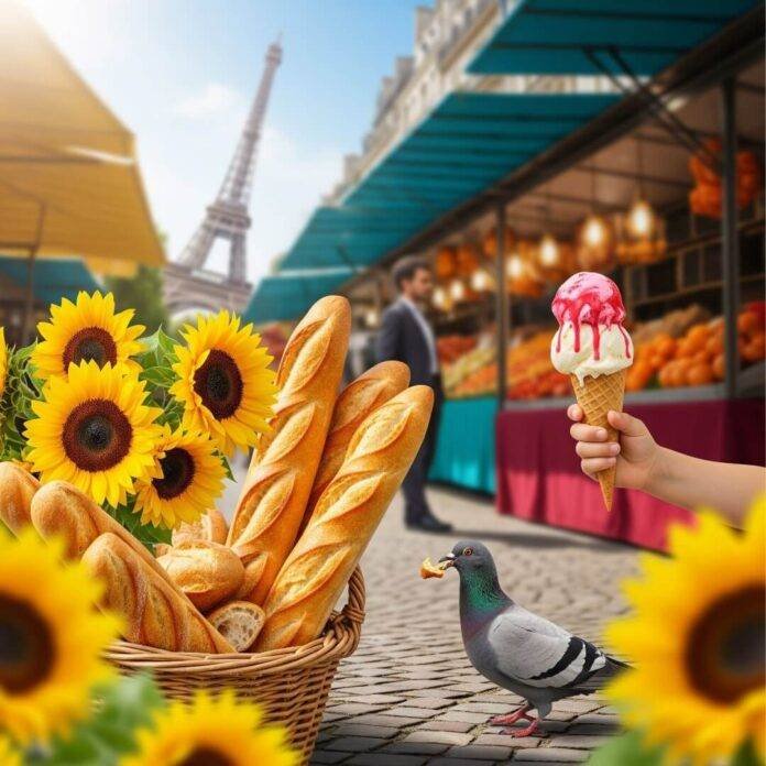 French market with baguettes, sunflowers, ice cream, and Eiffel Tower.