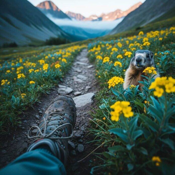 Muddy boot, trail, wildflowers, marmot, mountains, teal, yellow, gray.