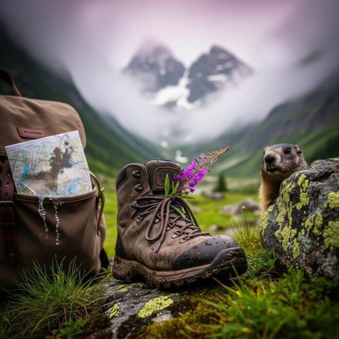 A boot with a flower, map, and a marmot.