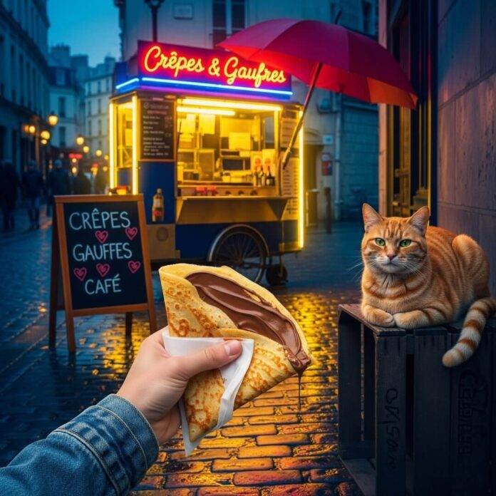 A hand holds a Nutella crepe next to a cat.