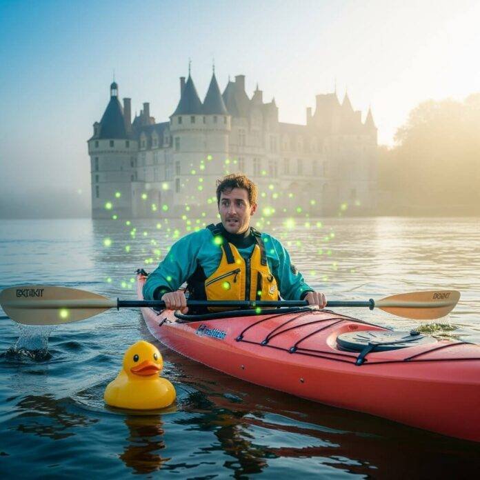 A nervous kayaker with a rubber duck near a misty château.