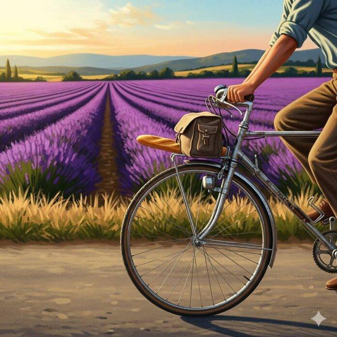 Vintage digital painting: cycling through lavender fields with a baguette.