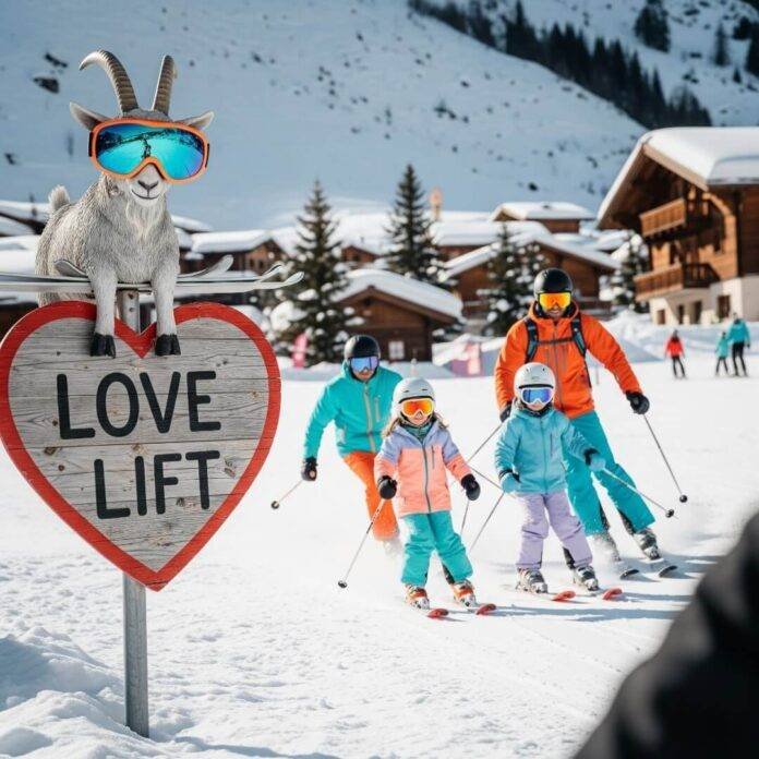 A quirky ski scene with a goggle-wearing goat and a heart-shaped sign.