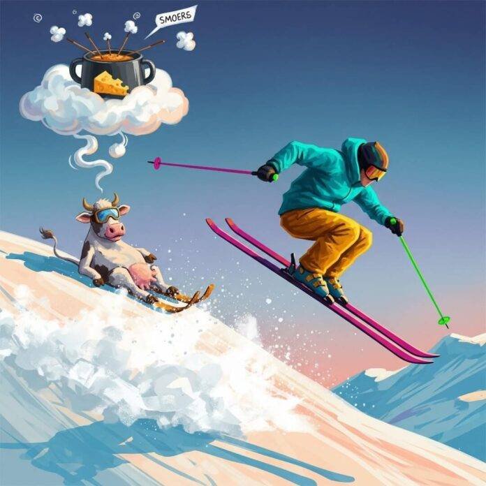 An illustration of a skier and a cow on a snowy slope.